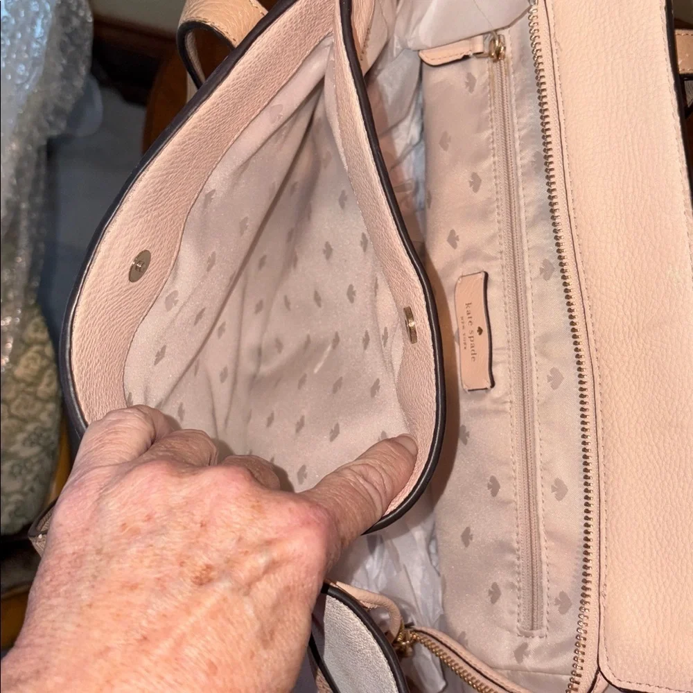 Kate Spade tote bag peachy beige cream taupe color block cinching sides EUC